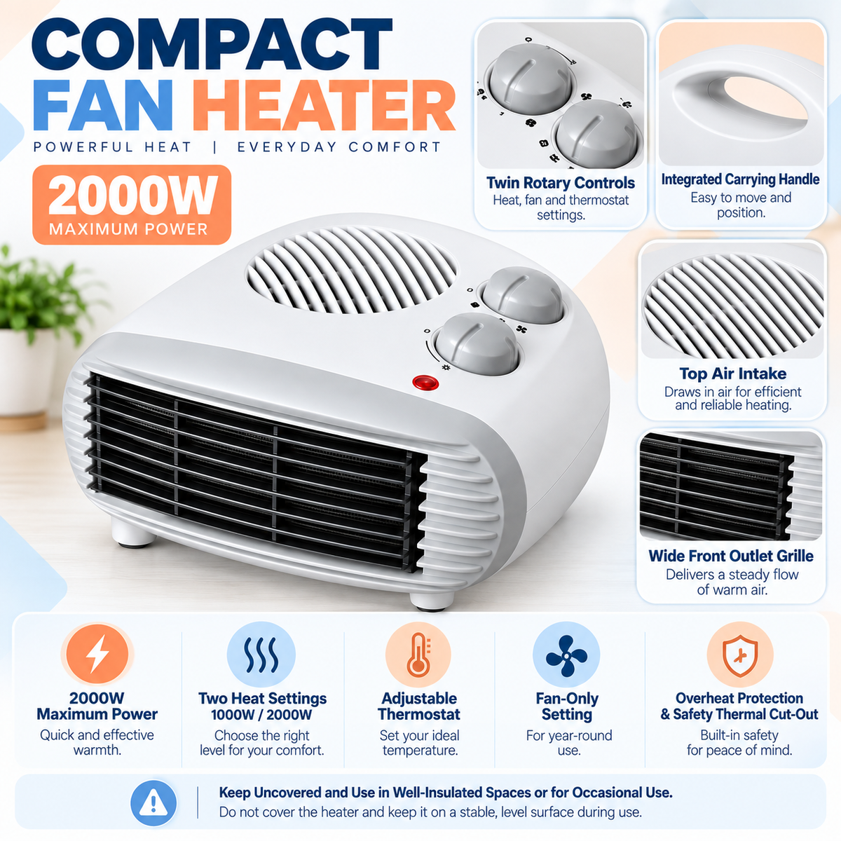 Low-Profile Fan Heater 2000W – 1 Unit