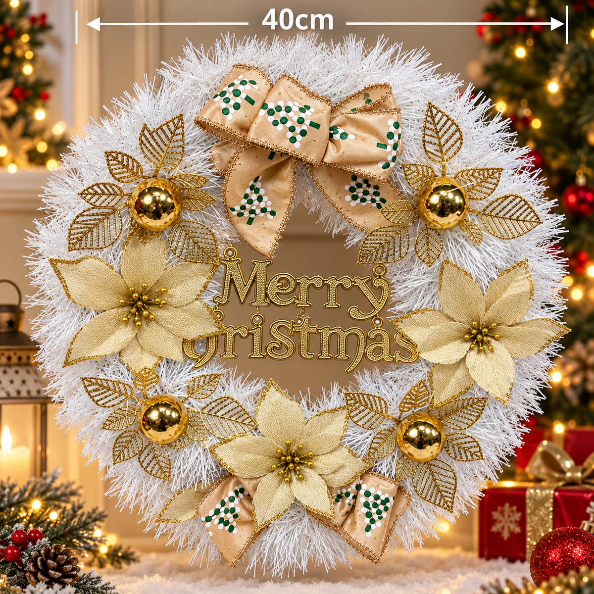 40cm White & Gold Christmas Wreath