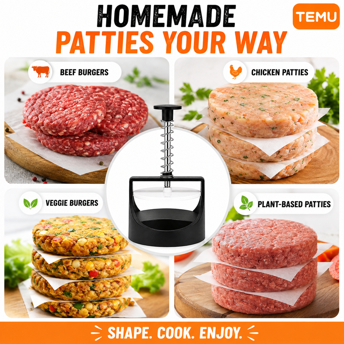 Manual Hamburger Press with Spring-Loaded Handle – Round Burger Patty Maker for Home Kitchen & BBQ