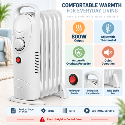 Single 800W 6-Fin Oil-Filled Radiator Heater – White