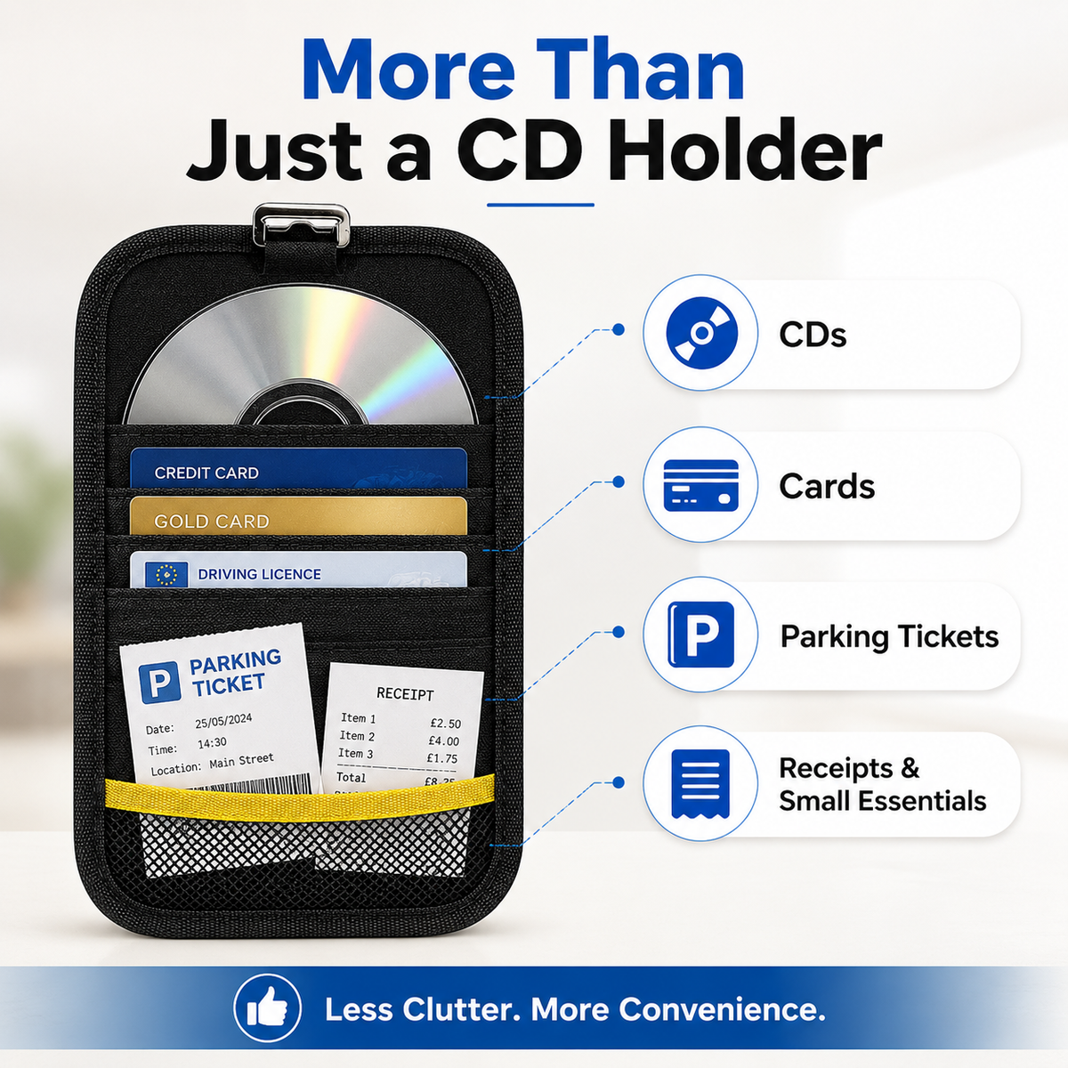 Car Sun Visor CD Holder – 20 Disc Storage Organiser with Card, Pen & Accessory Pockets