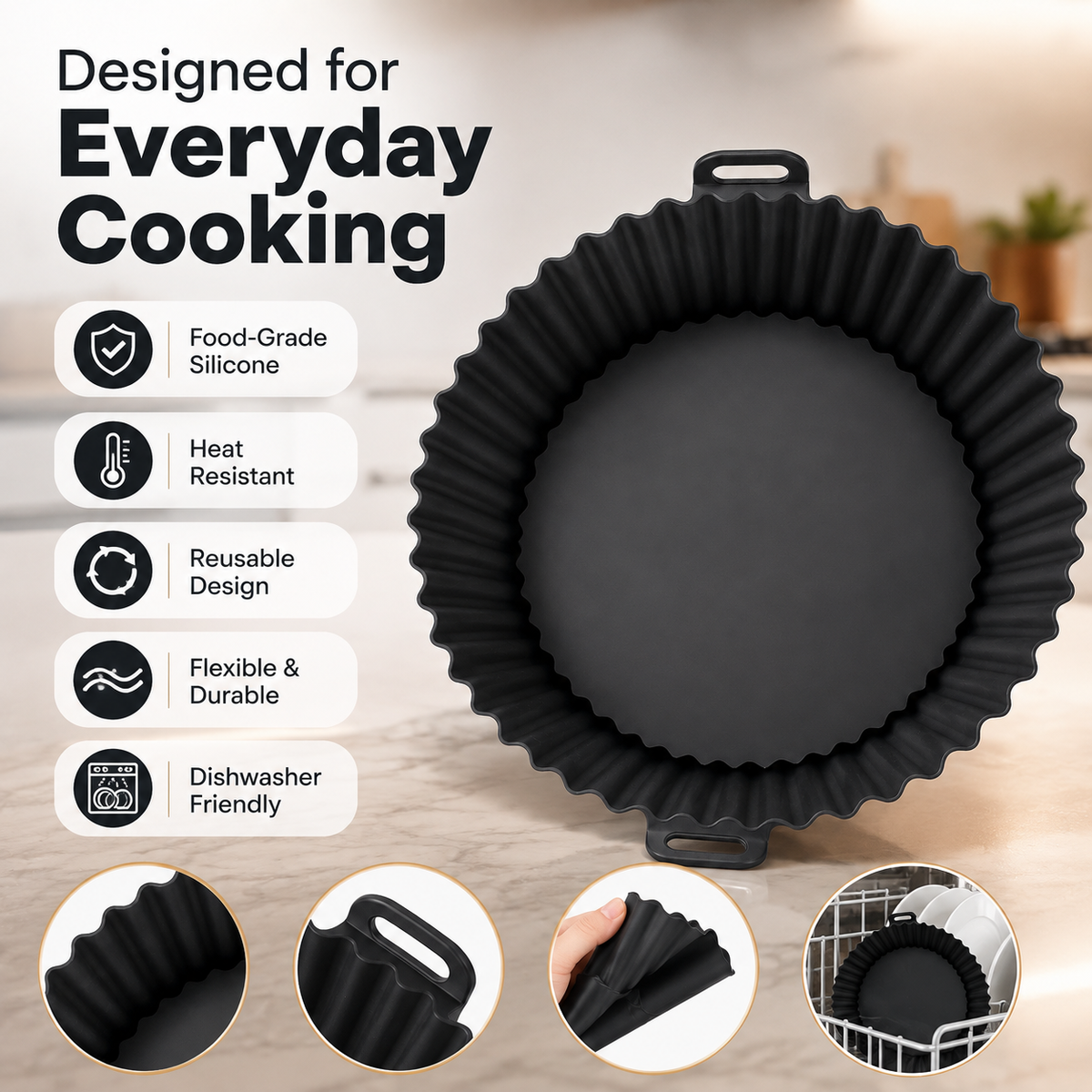Reusable Silicone Air Fryer Liner – Round Silicone Baking Tray with Handles