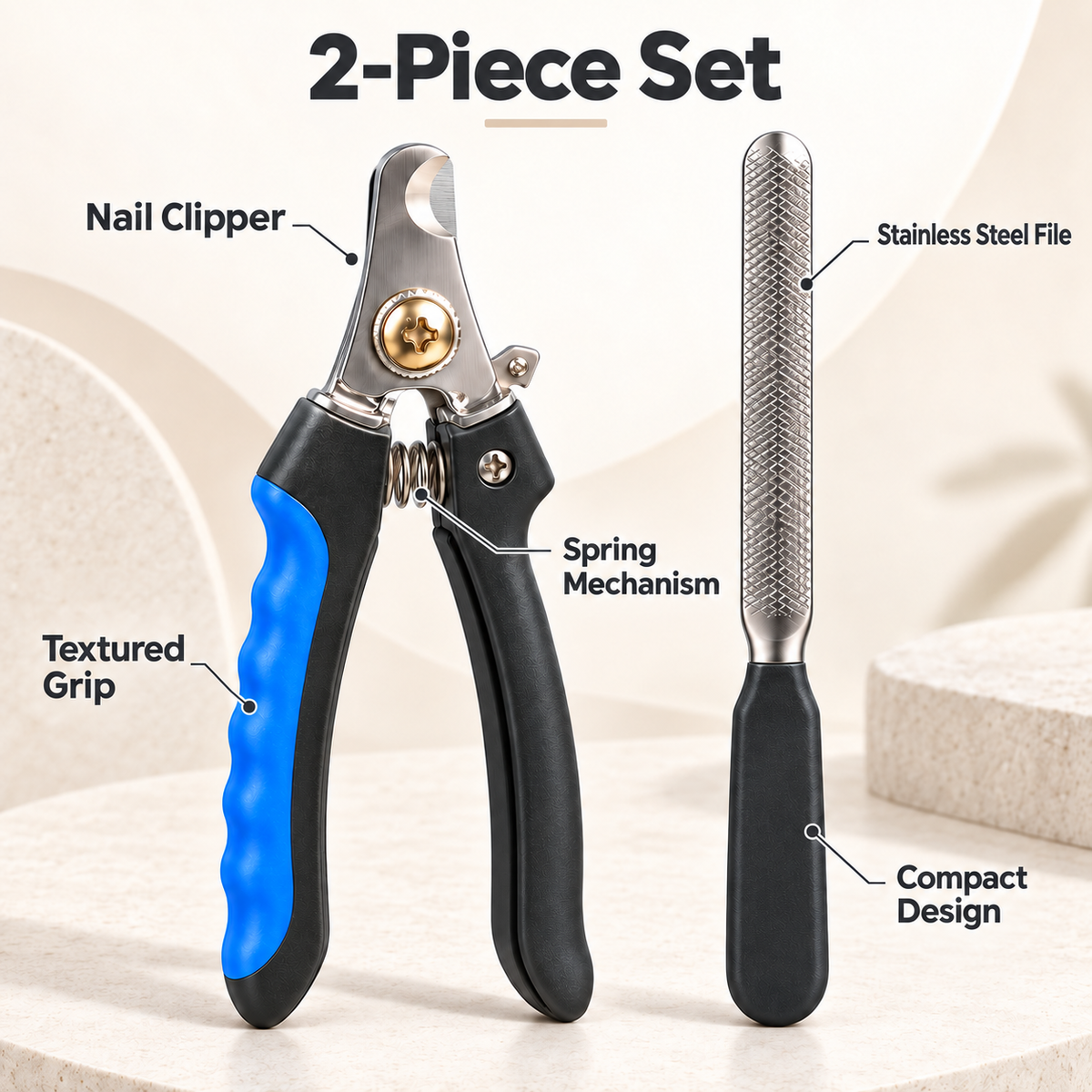 2-Piece Pet Nail Clipper and File Grooming Set with Non-Slip Handles