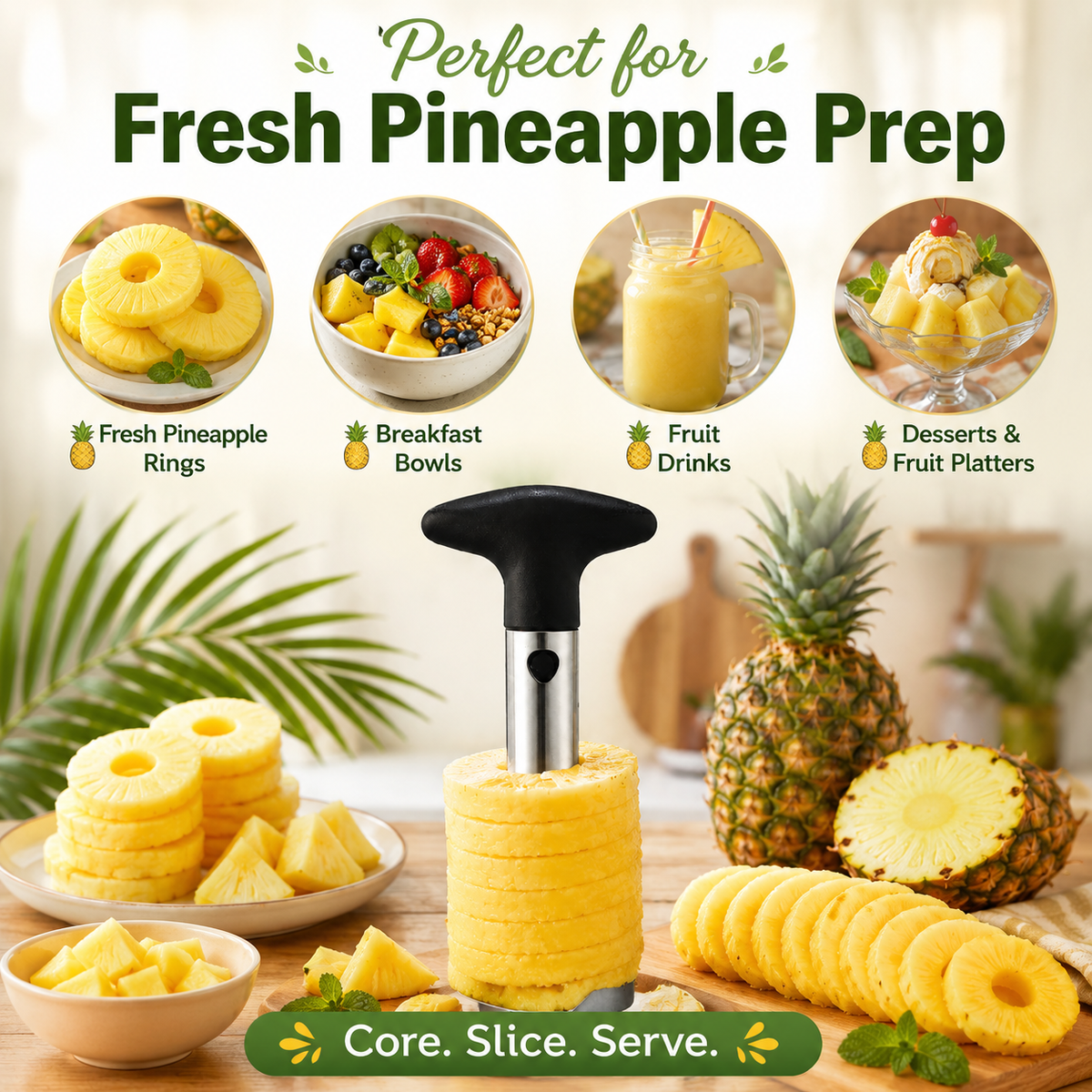 Stainless Steel Pineapple Corer Slicer & Cutter with Easy-Grip Handle – Manual Pineapple Prep Tool