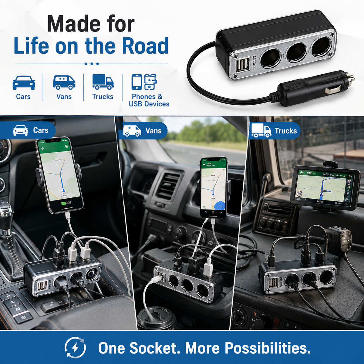 3-Way Car Socket with Dual USB