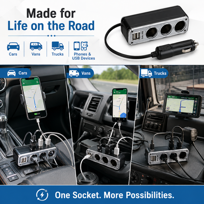 3-Way Car Socket with Dual USB