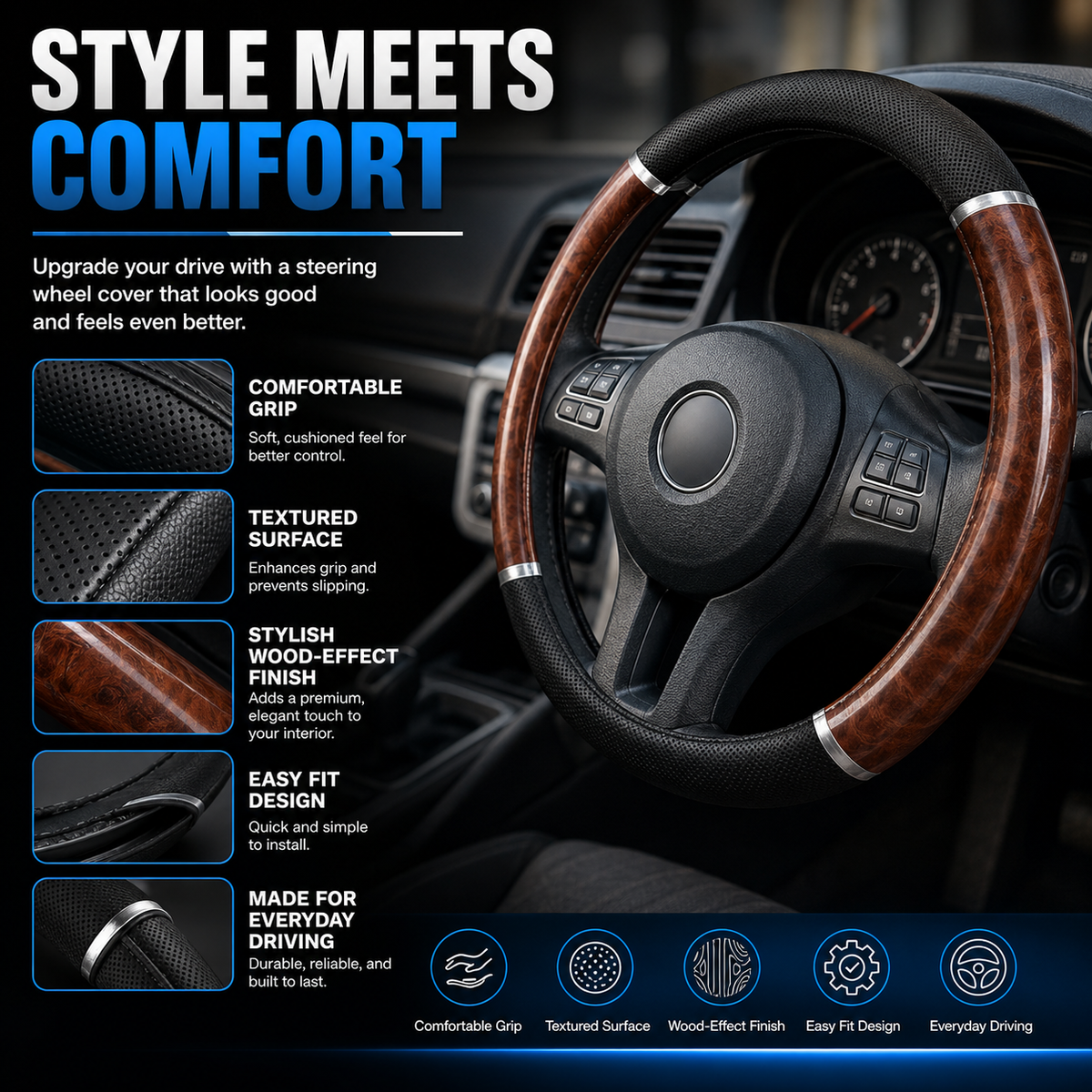 Universal Black & Wood-Effect Steering Wheel Cover – 37–39cm