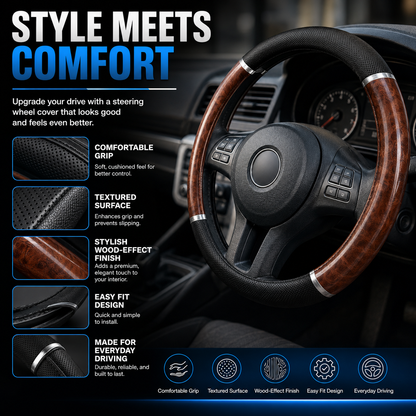 Universal Black & Wood-Effect Steering Wheel Cover – 37–39cm
