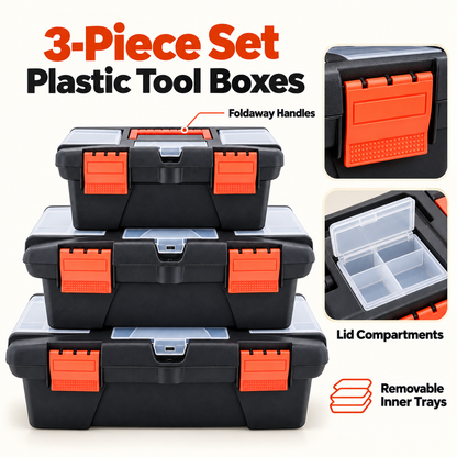 3-Piece Plastic Tool Box Set – Small, Medium & Large