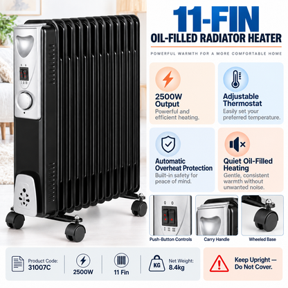 Single 2500W 11-Fin Oil-Filled Radiator Heater – Black