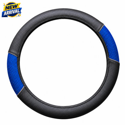 Universal Black Steering Wheel Cover with Red or Blue Mesh Grip – Soft Faux Leather Car Interior Accessory