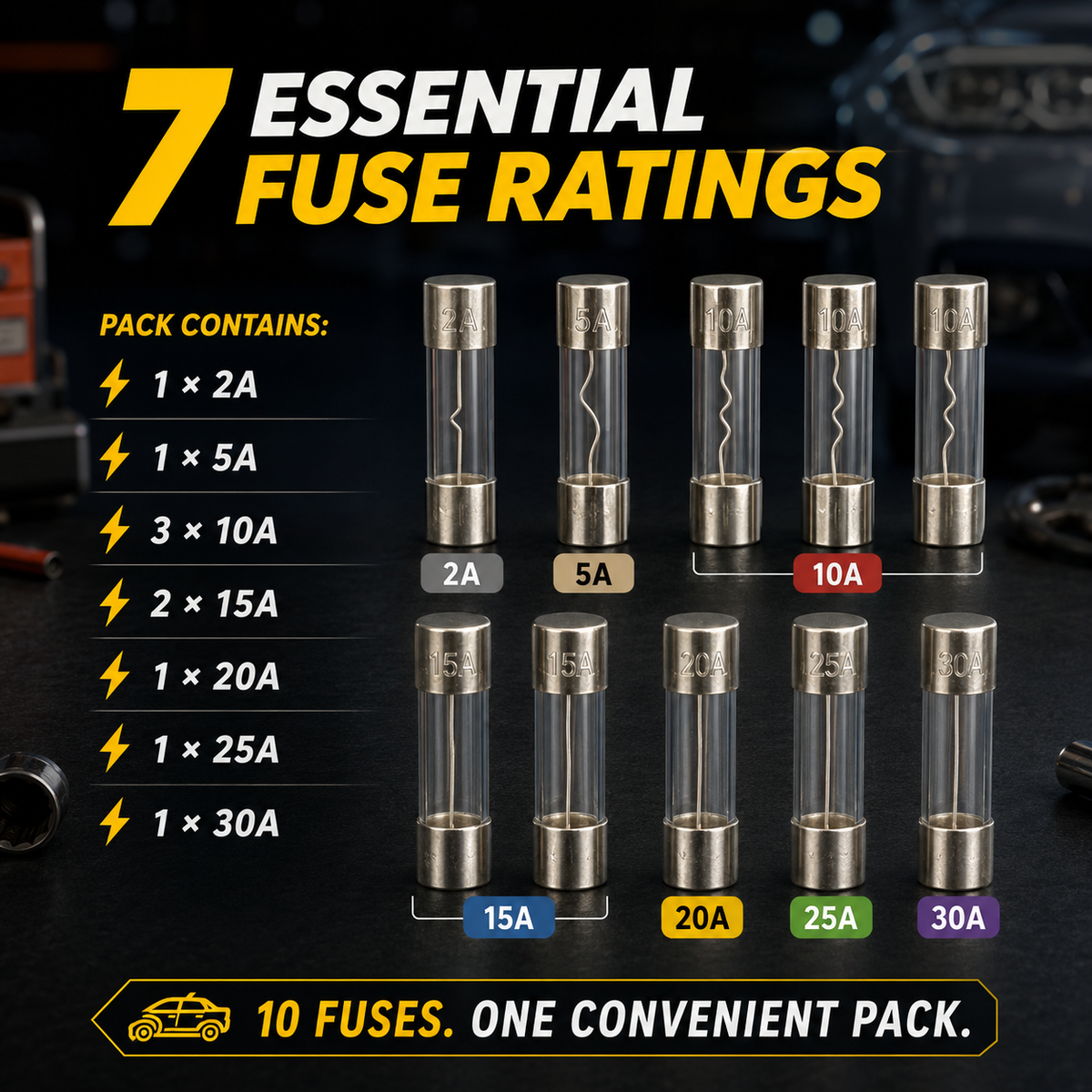 10-Piece Assorted Car Glass Fuse Set 2A–30A