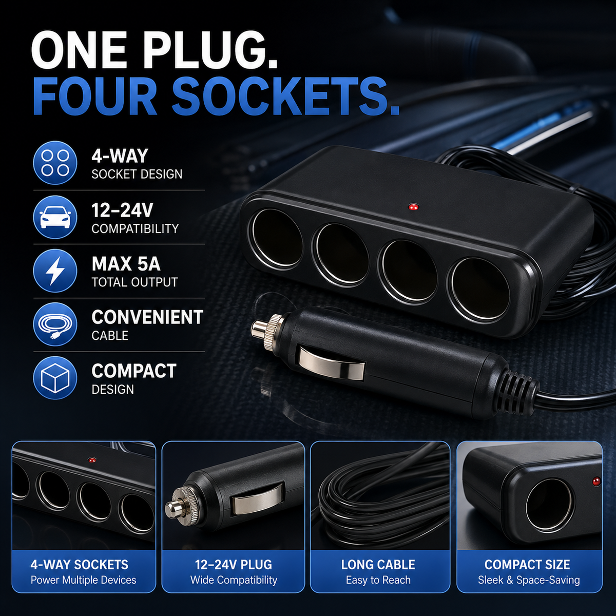4-Way 12–24V Car Multi Socket