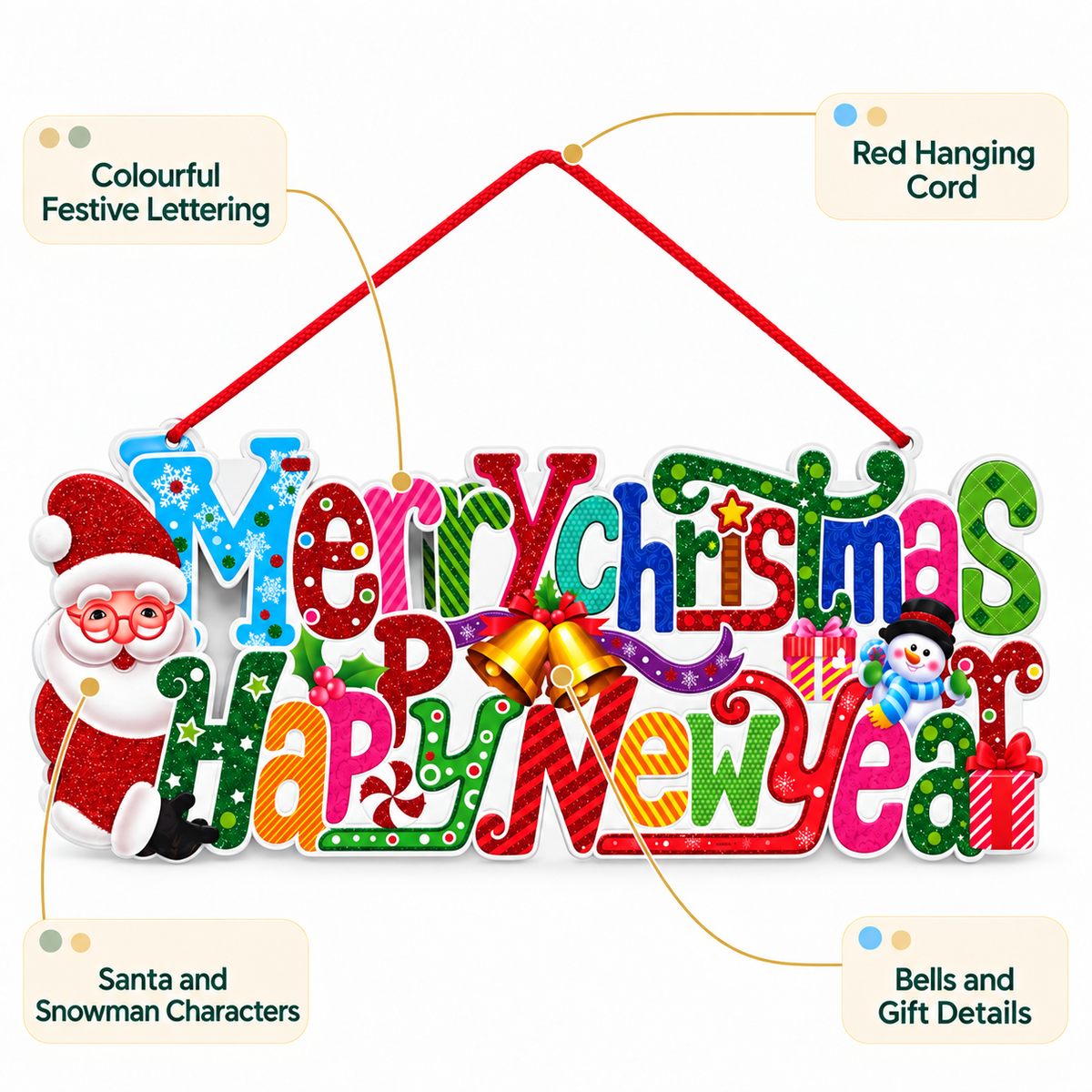 Glitter Merry Christmas Happy New Year Hanging Banner, 19x51cm