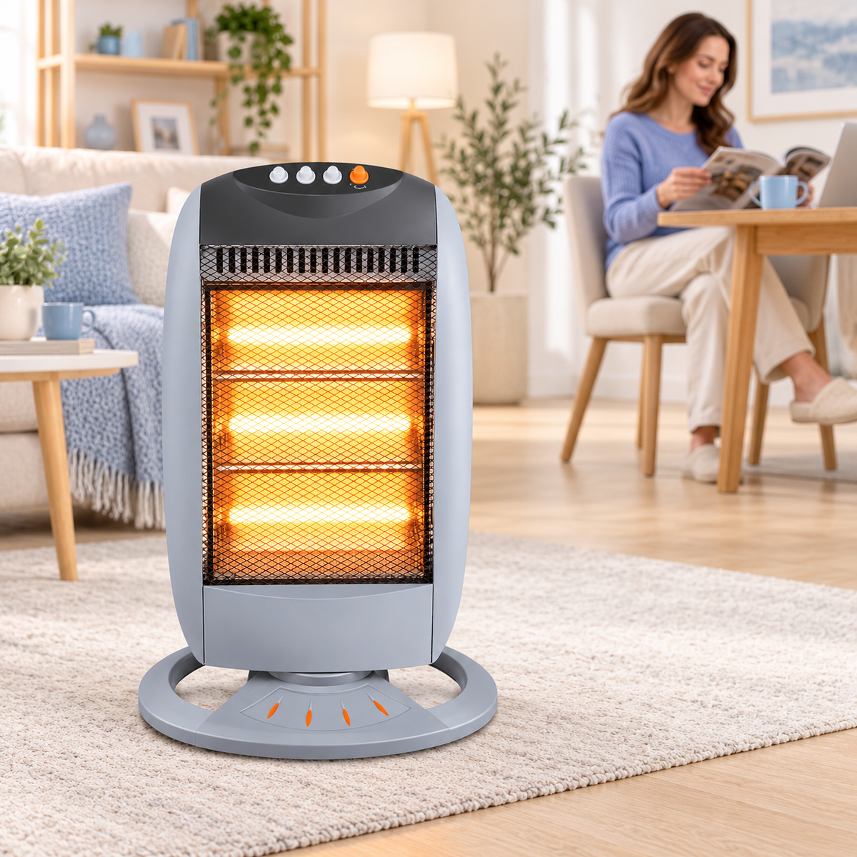 Single 1200W 3-Bar Oscillating Halogen Heater – Grey