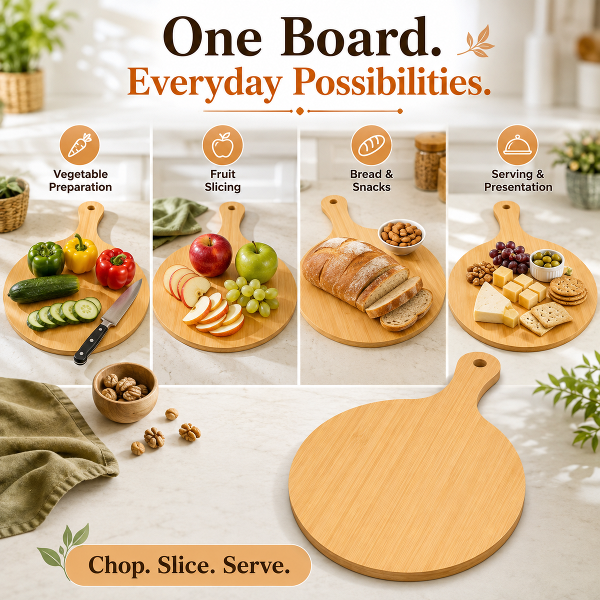 Round Bamboo Chopping Board with Handle 26x36cm