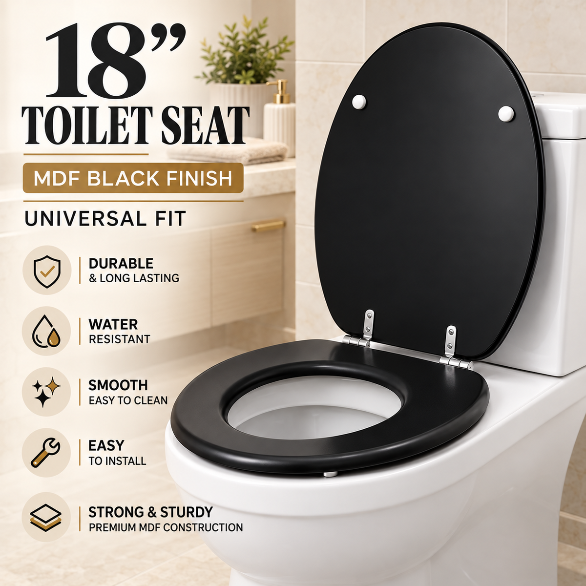 18 Inch Black MDF Toilet Seat