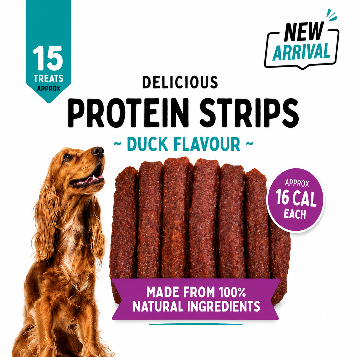 Duck Flavour Protein Strips Dog Treats – Approx. 15 Natural Chewy Treats