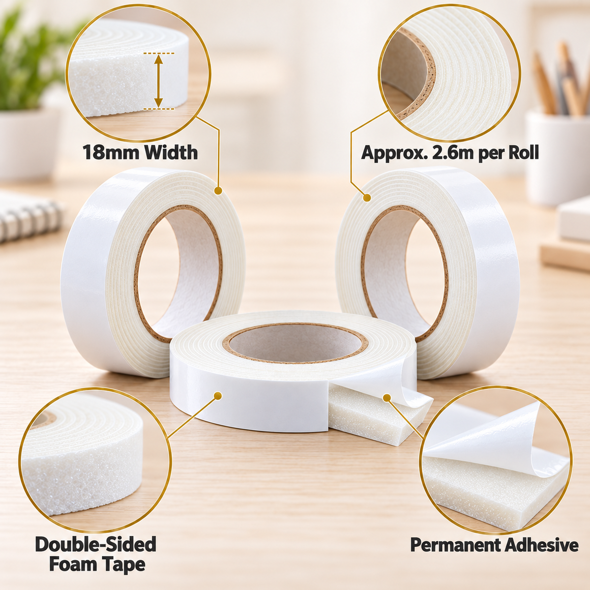 Double Sided Foam Tape 18mm Pack of 3
