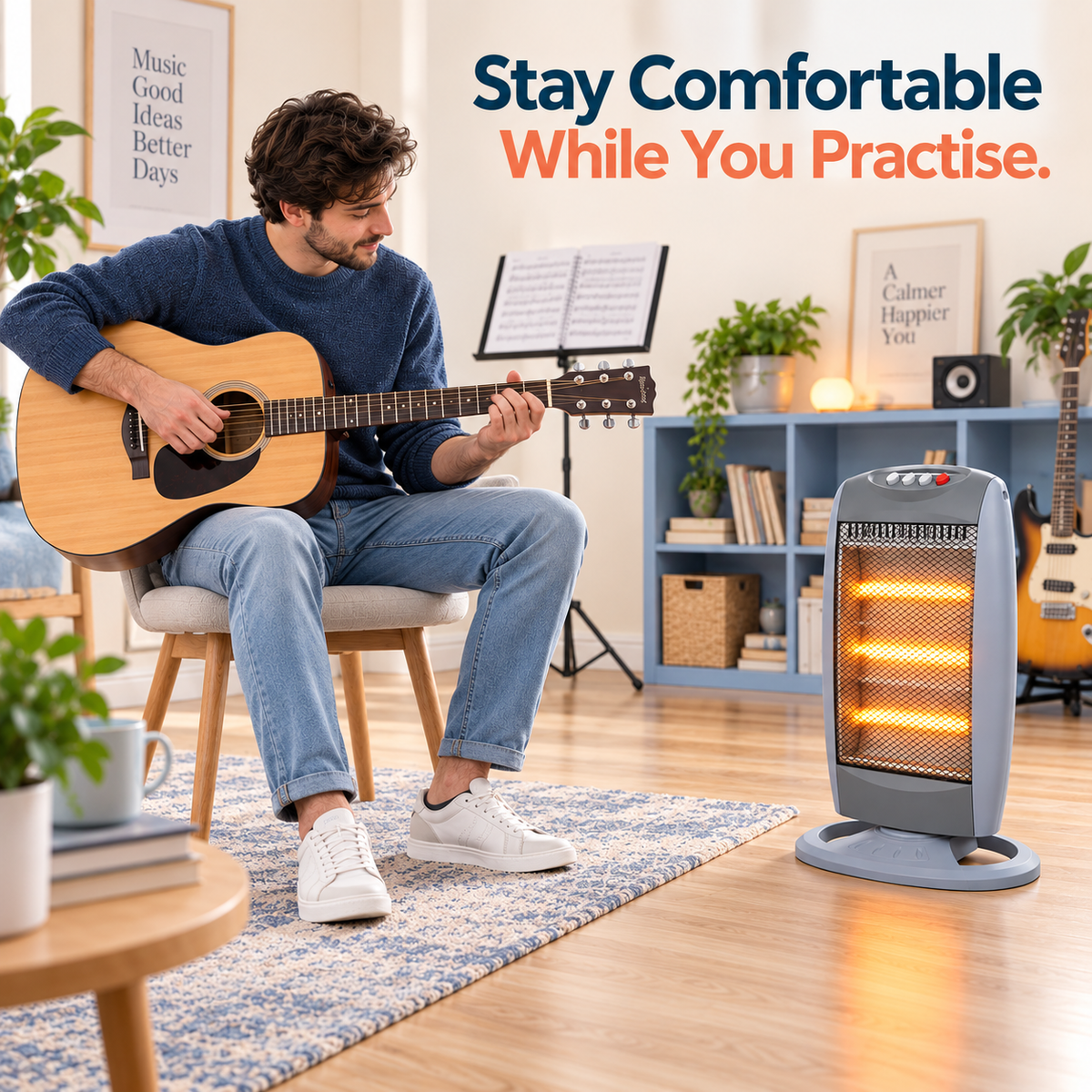 Single 1200W 3-Tube Oscillating Halogen Heater – Light Grey/ Standard