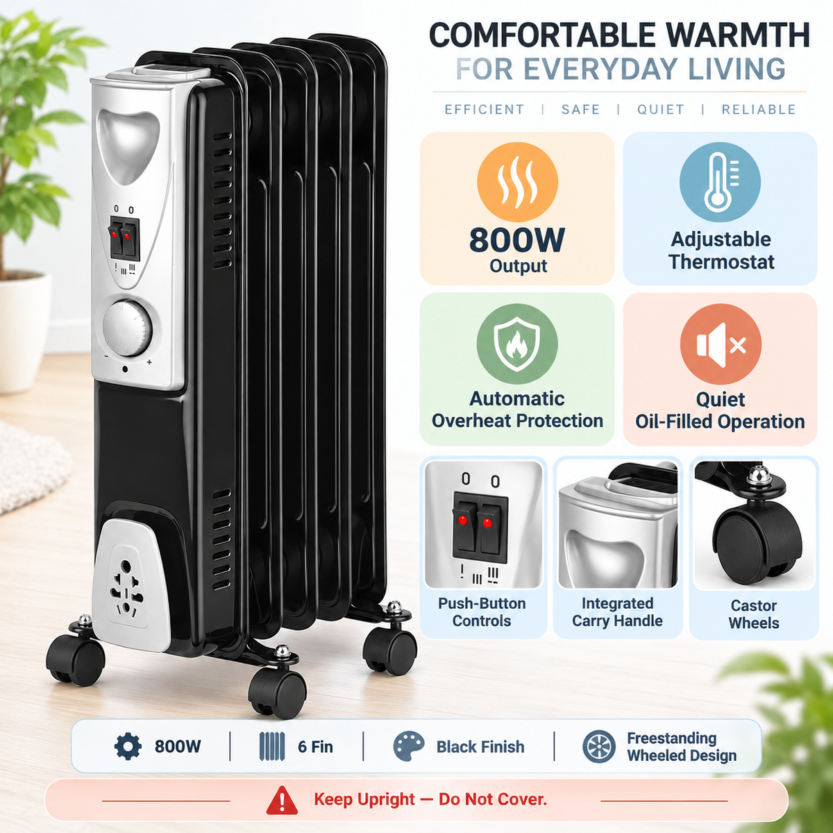 Single 800W 6-Fin Oil-Filled Radiator Heater – Black