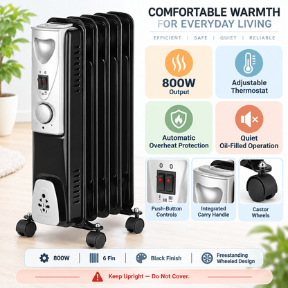 Single 800W 6-Fin Oil-Filled Radiator Heater – Black