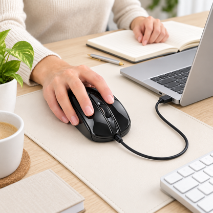 Black USB Wired Optical Computer Mouse – Adjustable 1600/2400/3200 DPI with Scroll Wheel