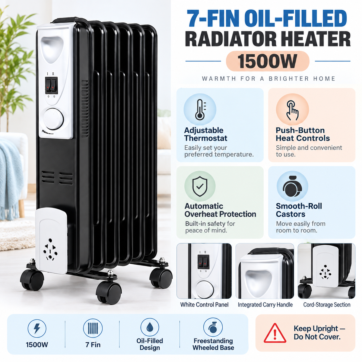 Single 1500W 7-Fin Oil-Filled Radiator Heater – Black