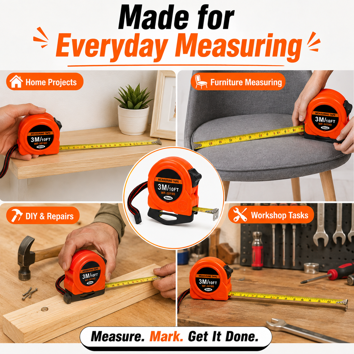 3M / 10FT Retractable Measuring Tape – 19mm Metric & Imperial Tape Measure with Wrist Strap