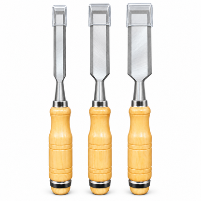 3Pc Wood Chisel Set Wooden Handle 12/19/25mm