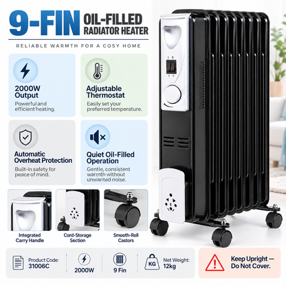 Single 2000W 9-Fin Oil-Filled Radiator Heater – Black