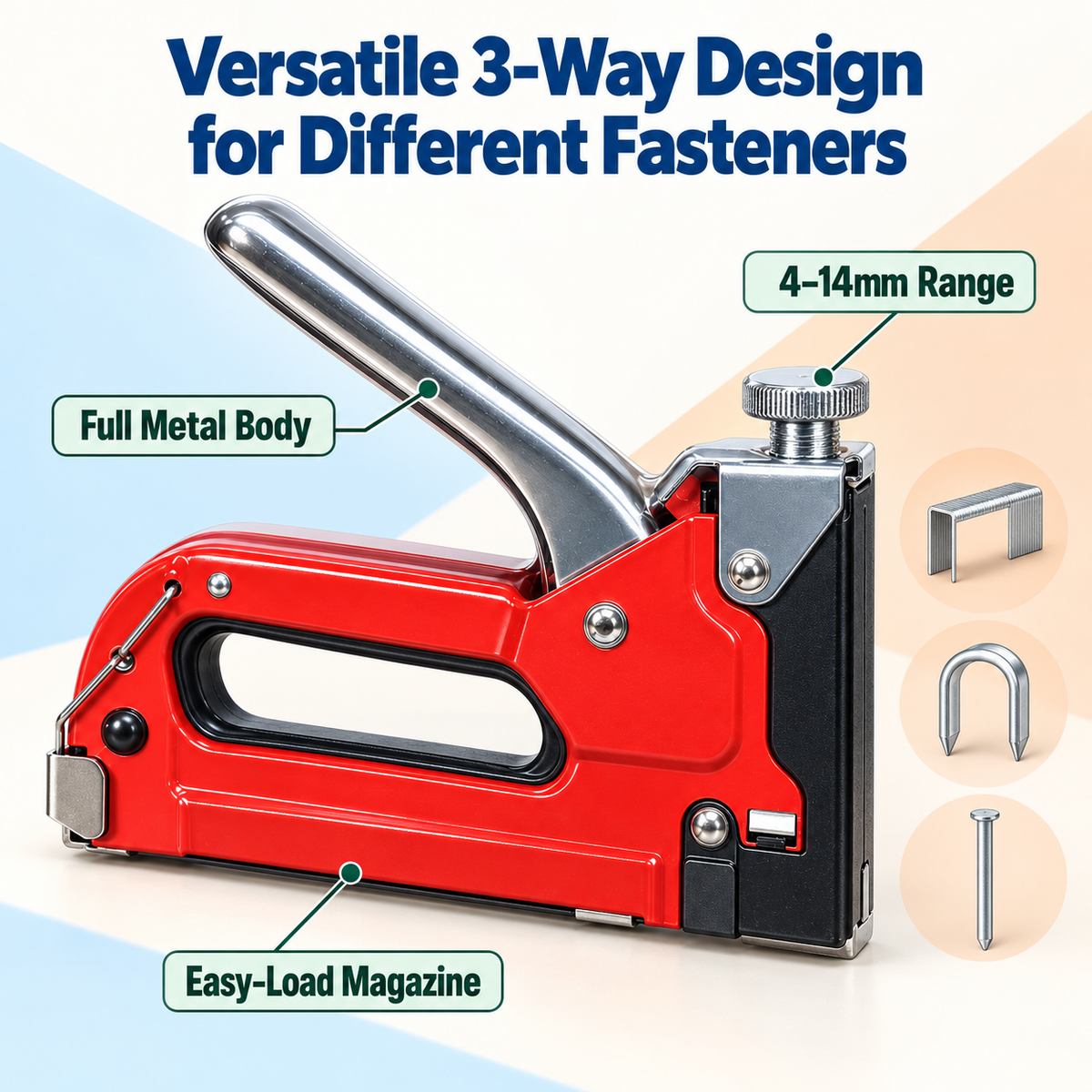 Heavy Duty 3-Way Staple Gun 4-14mm + 600 Staples