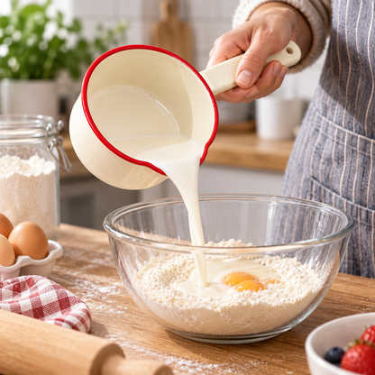 Enamel Milk Pan – 14cm Cream with Red Rim