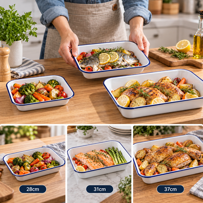 Enamel Bake Pan White with Blue Rim – 28cm, 31cm & 37cm