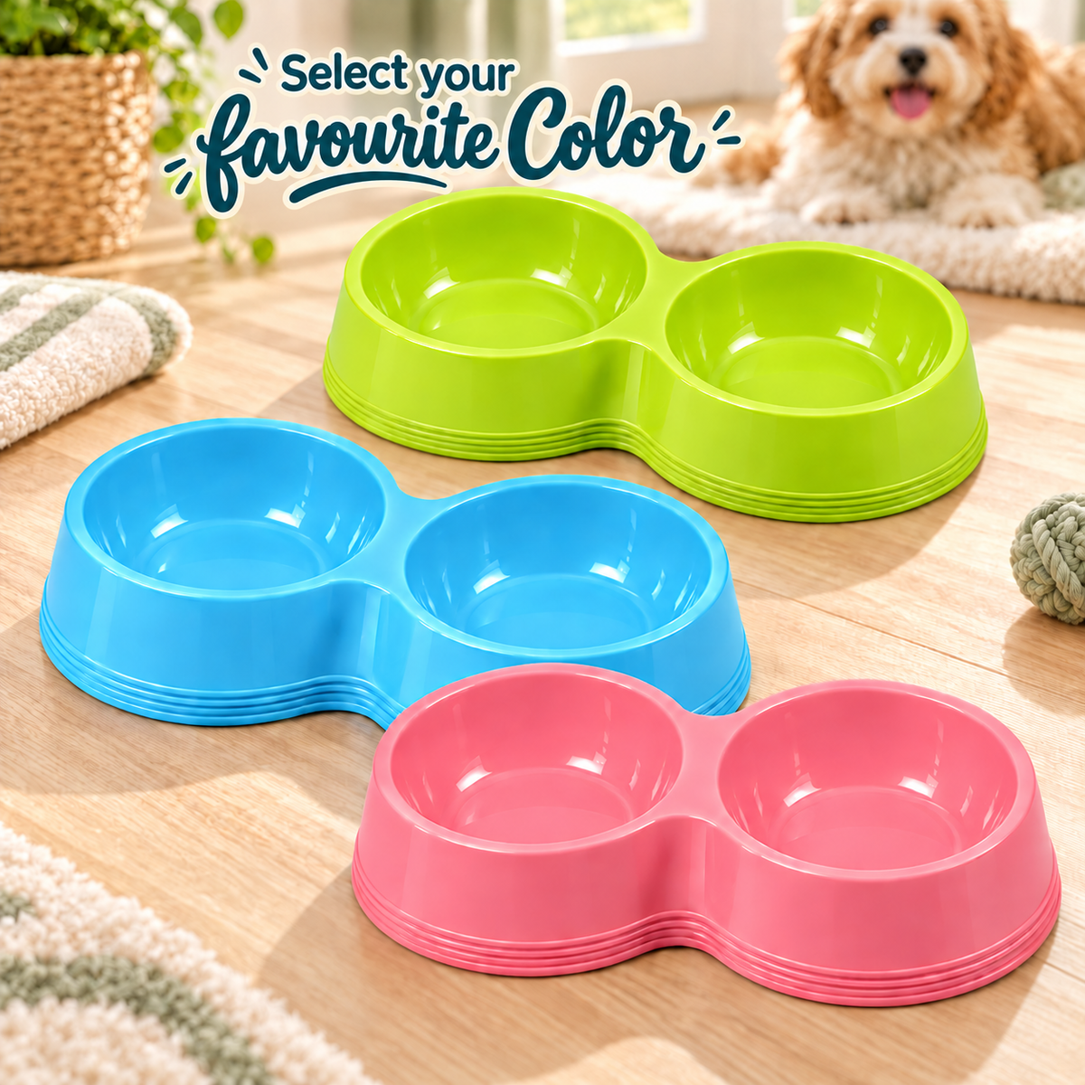 Double Pet Food and Water Bowl with Two Compartments – Lime Green, Sky Blue or Soft Pink