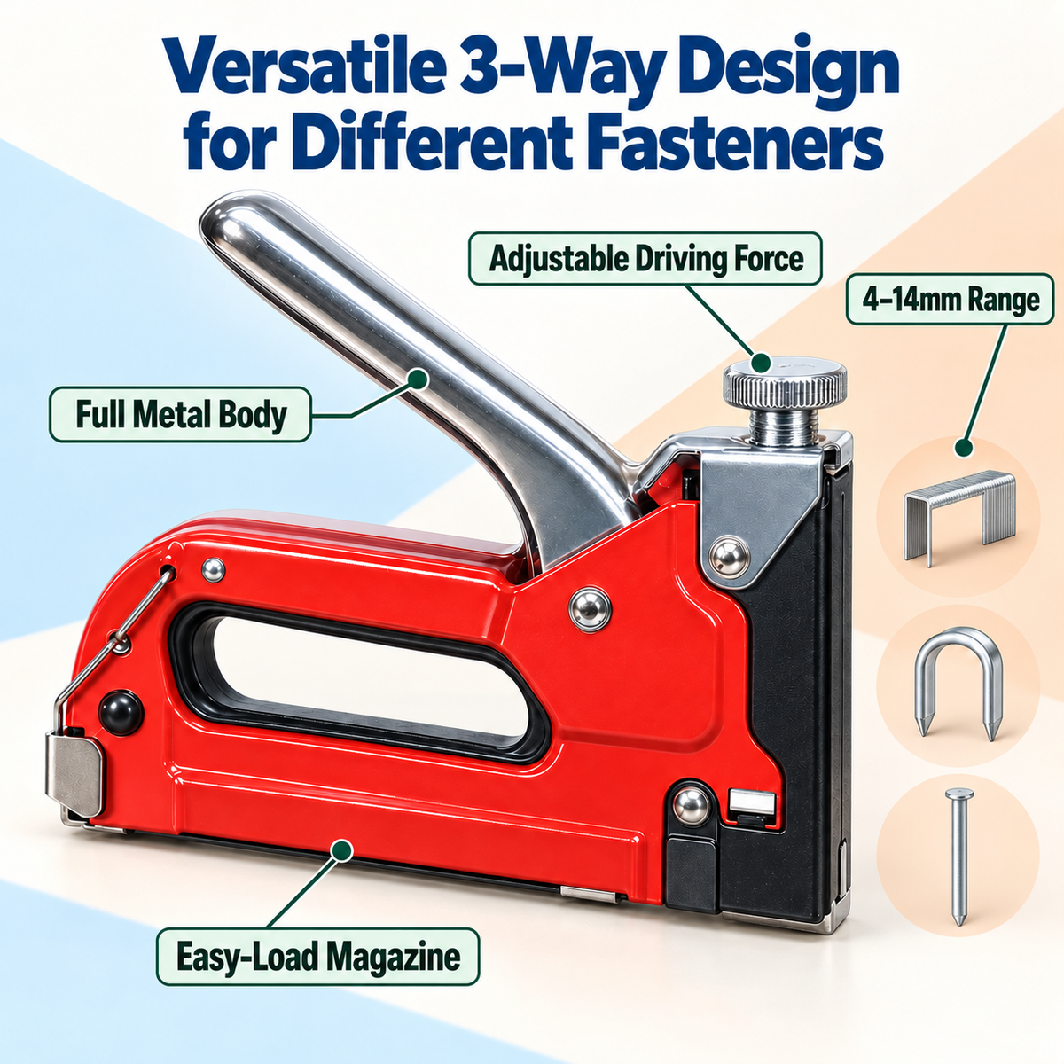 Heavy Duty 3-Way Staple Gun 4-14mm + 600 Staples