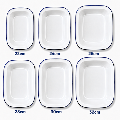 Enamel Pie Dish – White with Blue Rim | 22-32cm Sizes