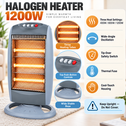 Single 1200W 3-Tube Oscillating Halogen Heater – Light Grey/ Standard