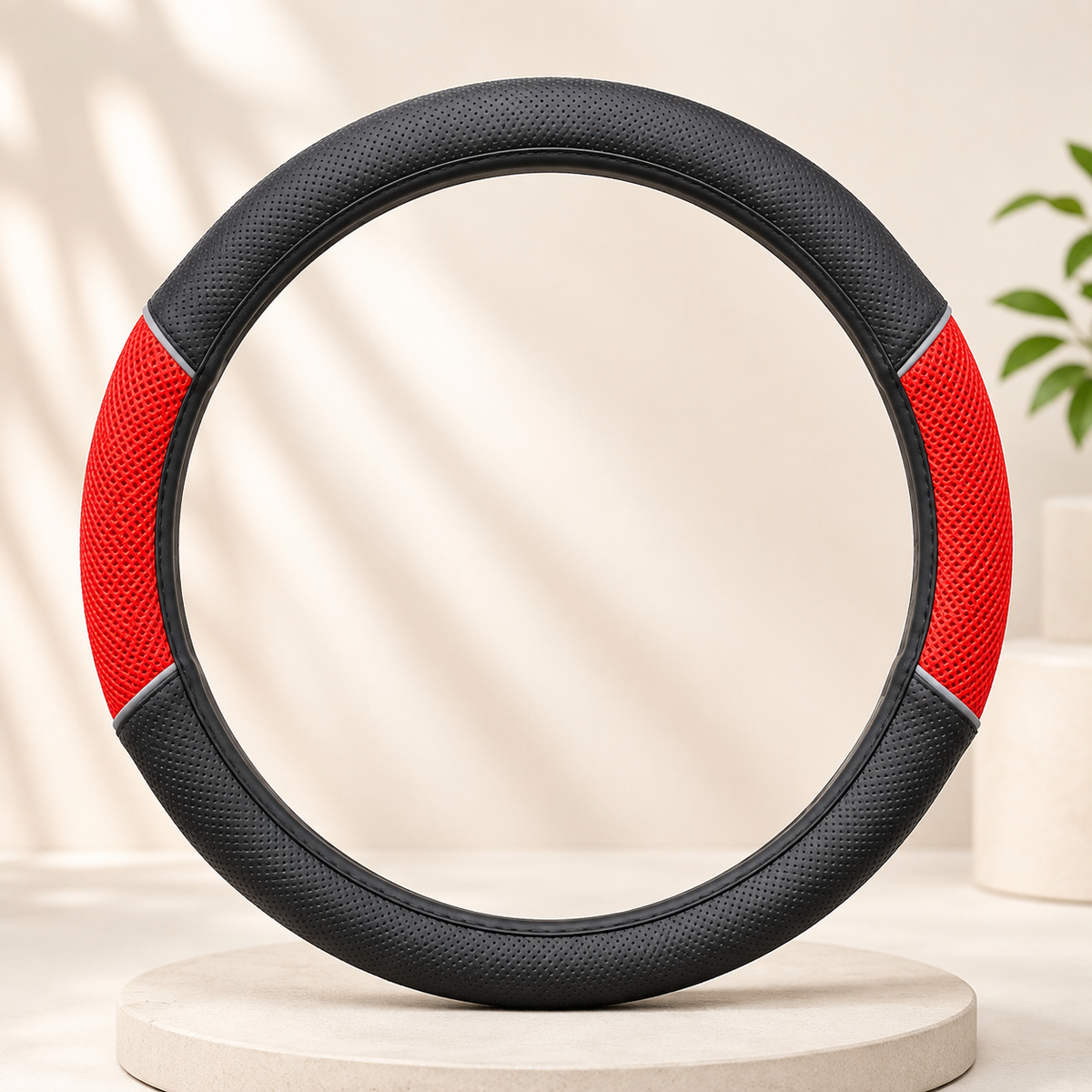 Universal Black Steering Wheel Cover with Red or Blue Mesh Grip – Soft Faux Leather Car Interior Accessory
