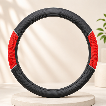 Universal Black Steering Wheel Cover with Red or Blue Mesh Grip – Soft Faux Leather Car Interior Accessory