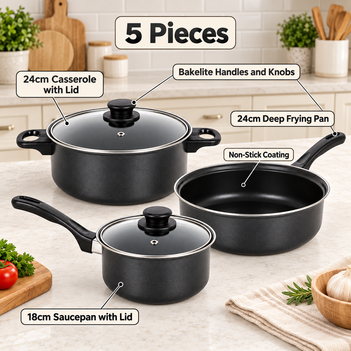 5-Piece Non-Stick Cookware Set with Glass Lids