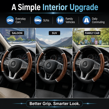 Universal Black & Wood-Effect Steering Wheel Cover – 37–39cm
