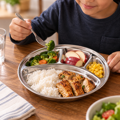 Stainless Steel 4 Compartment Thali Plate – 35cm Round Divided Dinner Tray