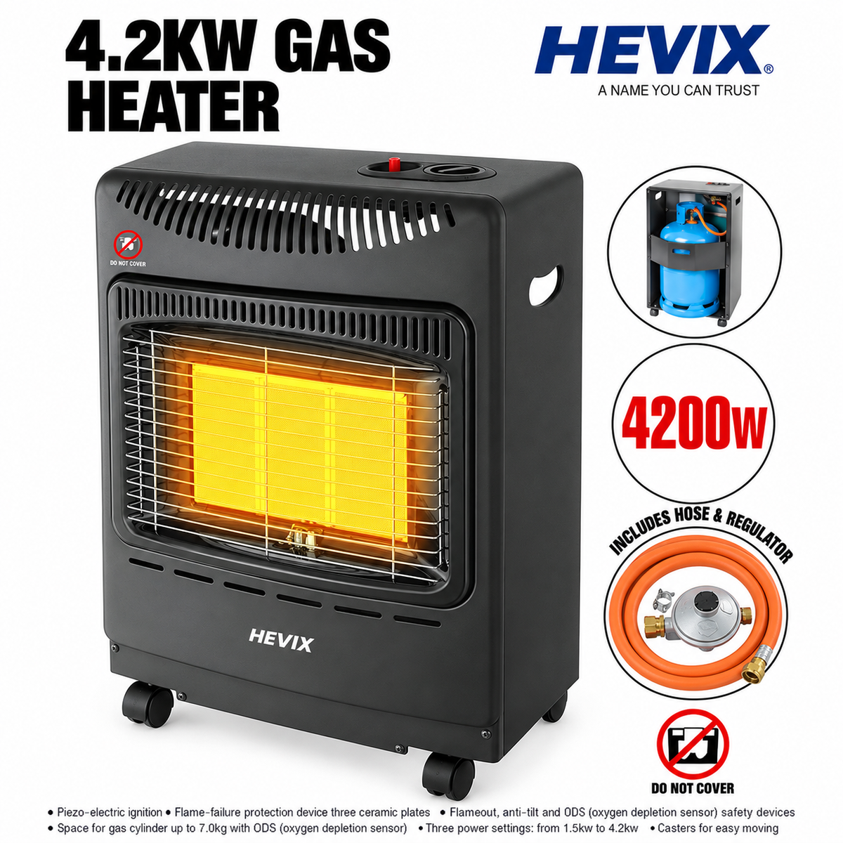 Single 4.2kW 3-Plate Gas Cabinet Heater with Hose & Regulator – Black
