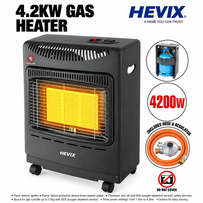 Single 4.2kW 3-Plate Gas Cabinet Heater with Hose & Regulator – Black