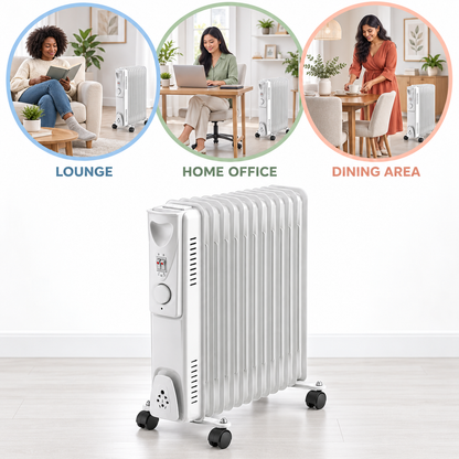 Single 2500W 11-Fin Oil-Filled Radiator Heater – White
