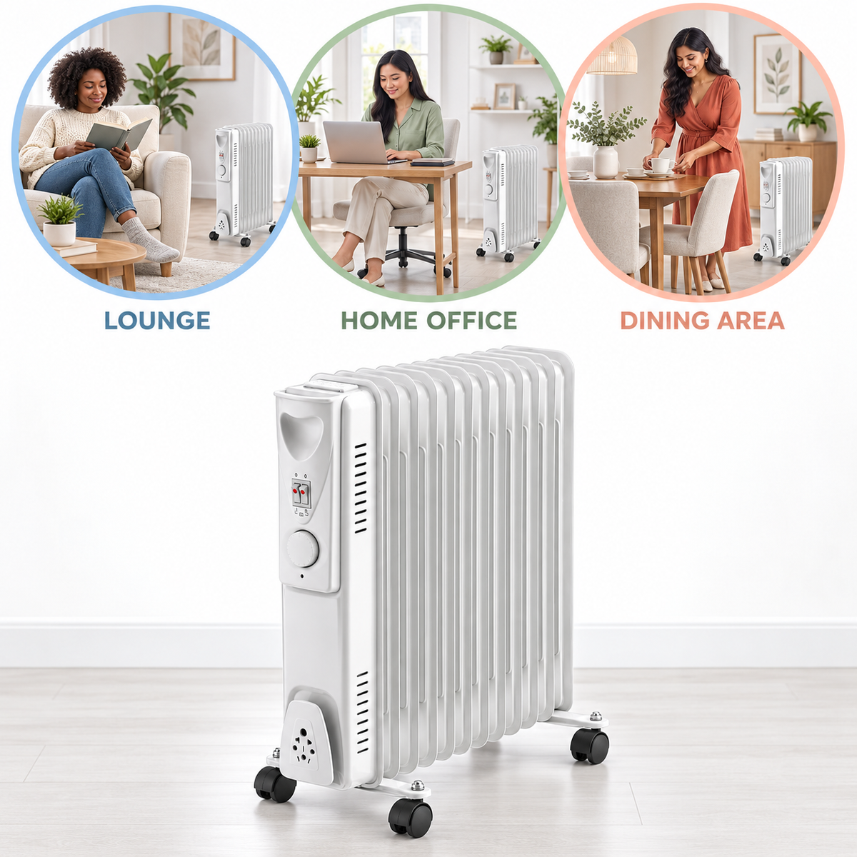 Single 2000W 9-Fin Oil-Filled Radiator Heater – White