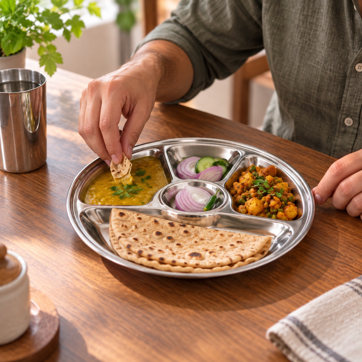 Stainless Steel 5 Compartment Thali Plate – 32.5cm Round Divided Dinner Tray