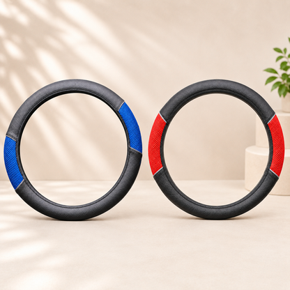 Universal Black Steering Wheel Cover with Red or Blue Mesh Grip – Soft Faux Leather Car Interior Accessory