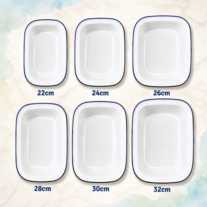 Enamel Pie Dish – White with Blue Rim | 22-32cm Sizes